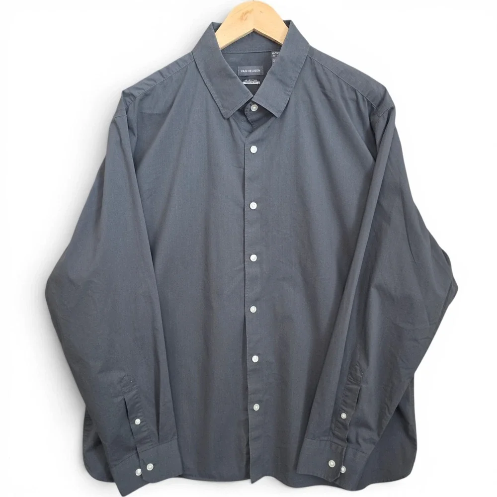Van Heusen Dress Shirt Mens XL 17-17.5 Gray Button Never Tuck Regular Fit Career